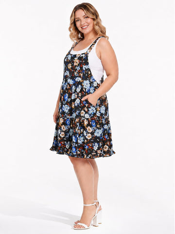 Robe salopette grande taille, mini-robe à volants - Noire
