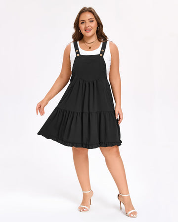 Plus Size Bib Overall Dress Tiered Mini Dress - Black