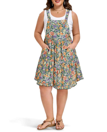 Plus Size Bib Overall Dress Tiered Mini Dress - Floral Oil Print-Moon Wood
