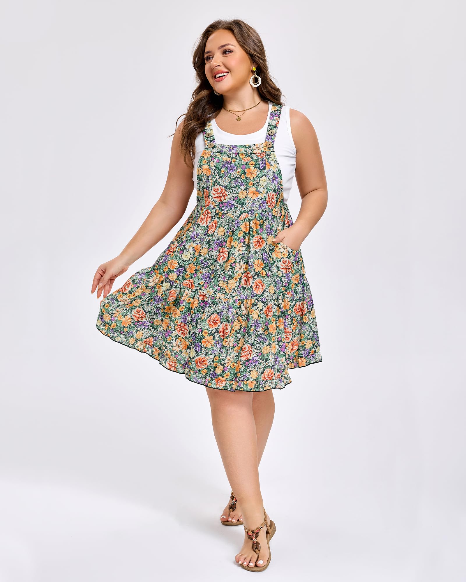 Plus Size Bib Overall Dress Tiered Mini Dress - Floral Oil Print-Moon Wood