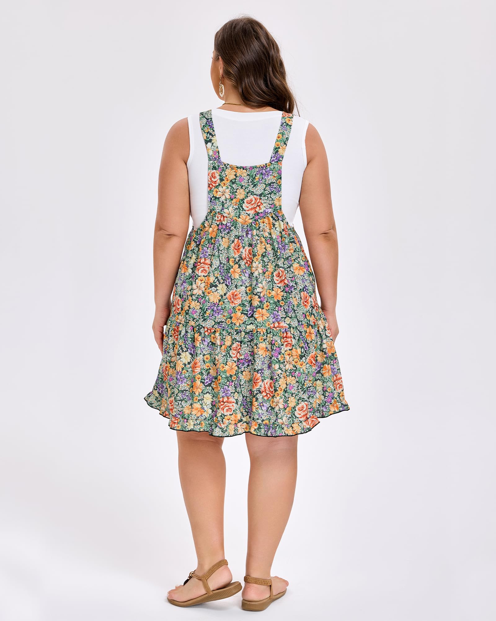 Plus Size Bib Overall Dress Tiered Mini Dress - Floral Oil Print-Moon Wood