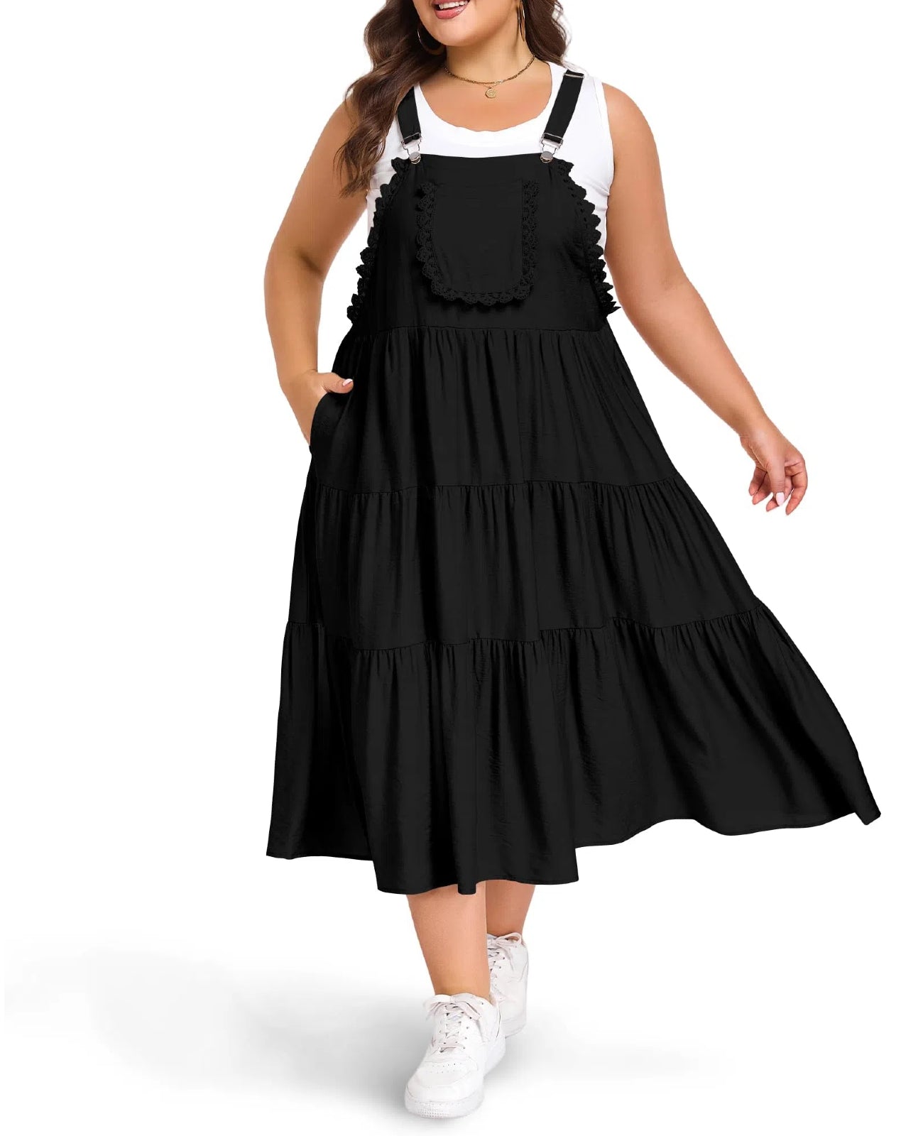 Plus Size Bib Overall Dress with Lace Trim - Black