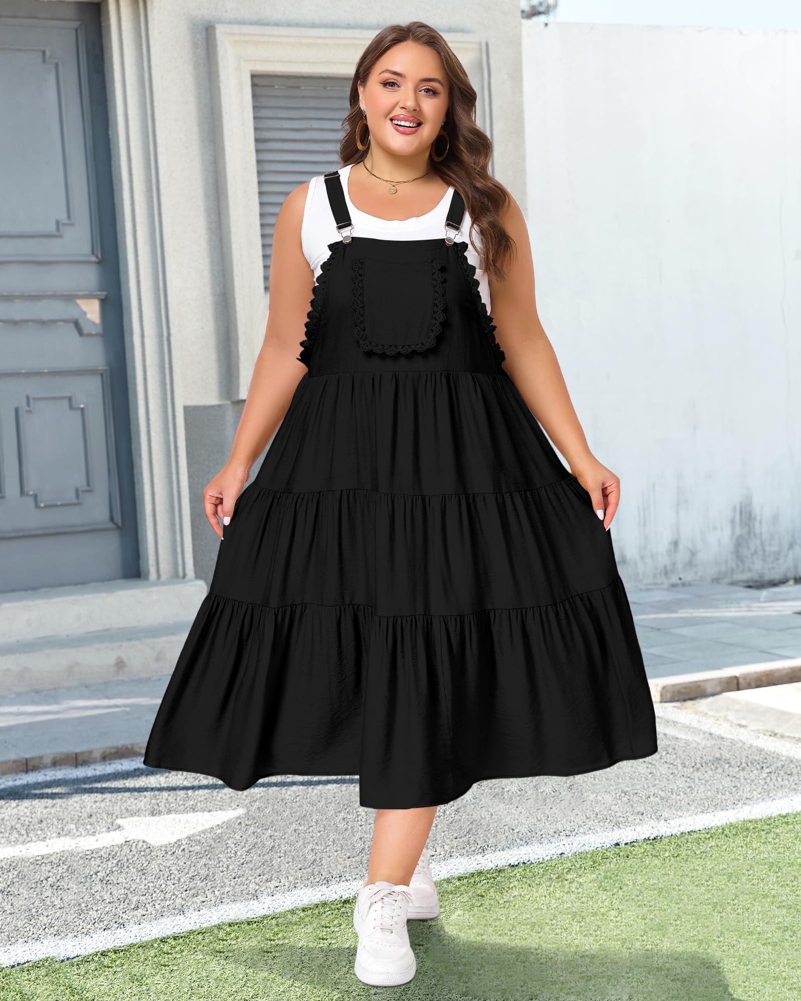 Plus Size Bib Overall Dress with Lace Trim - Black, 5XL Plus Size Bib Overall Dress with Lace Trim - Black, 5XL