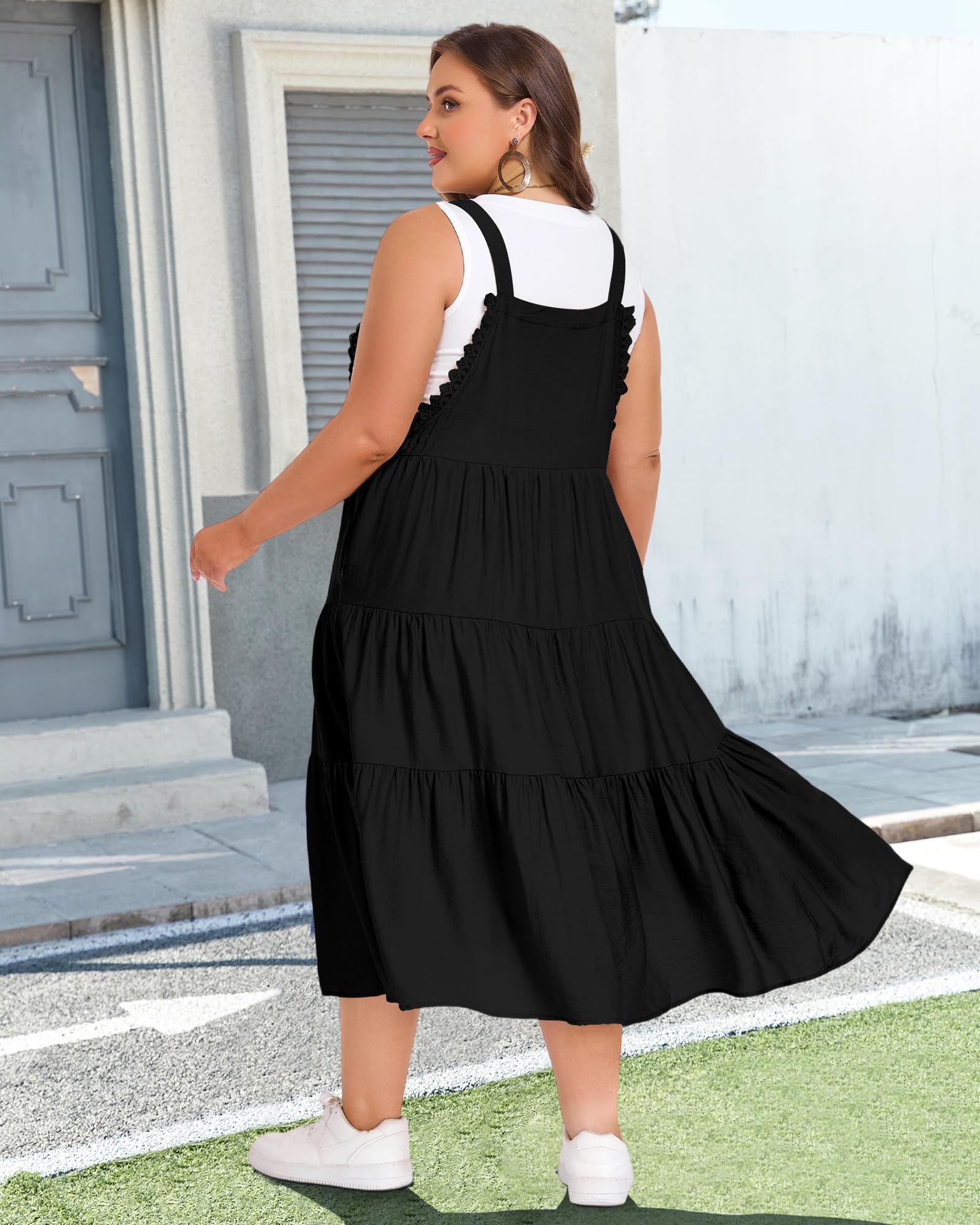 Plus Size Bib Overall Dress with Lace Trim