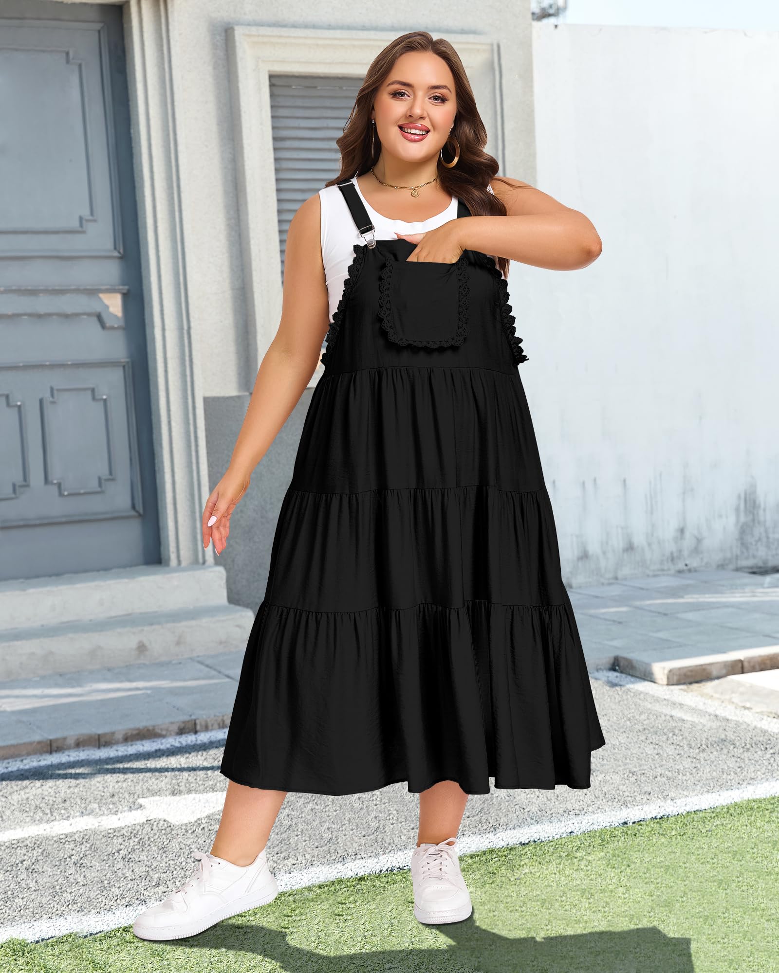 Plus Size Bib Overall Dress with Lace Trim - Black, 5XL Plus Size Bib Overall Dress with Lace Trim - Black, 5XL
