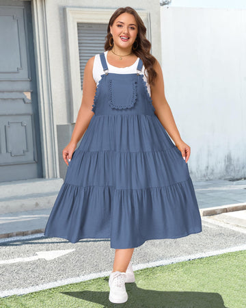 Plus Size Bib Overall Dress with Lace Trim - Blue