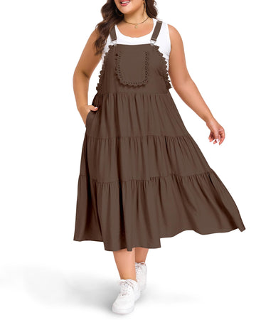 Plus Size Bib Overall Dress with Lace Trim - Coffee