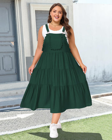 Plus Size Bib Overall Dress with Lace Trim - Dark Green