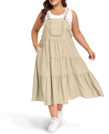 Plus Size Bib Overall Dress with Lace Trim - Khaki