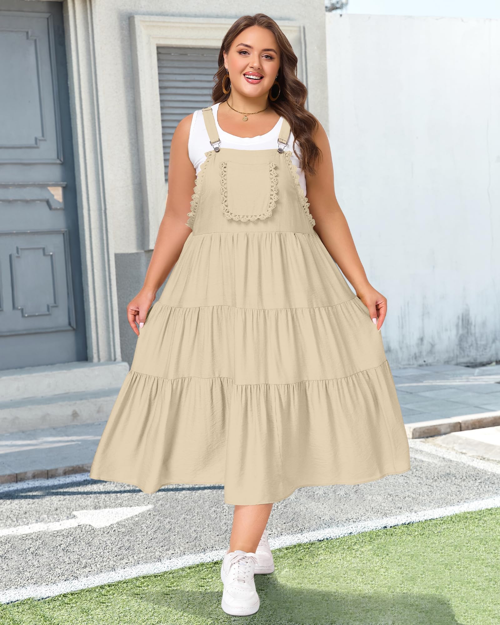 Plus Size Bib Overall Dress with Lace Trim - Khaki-Moon Wood