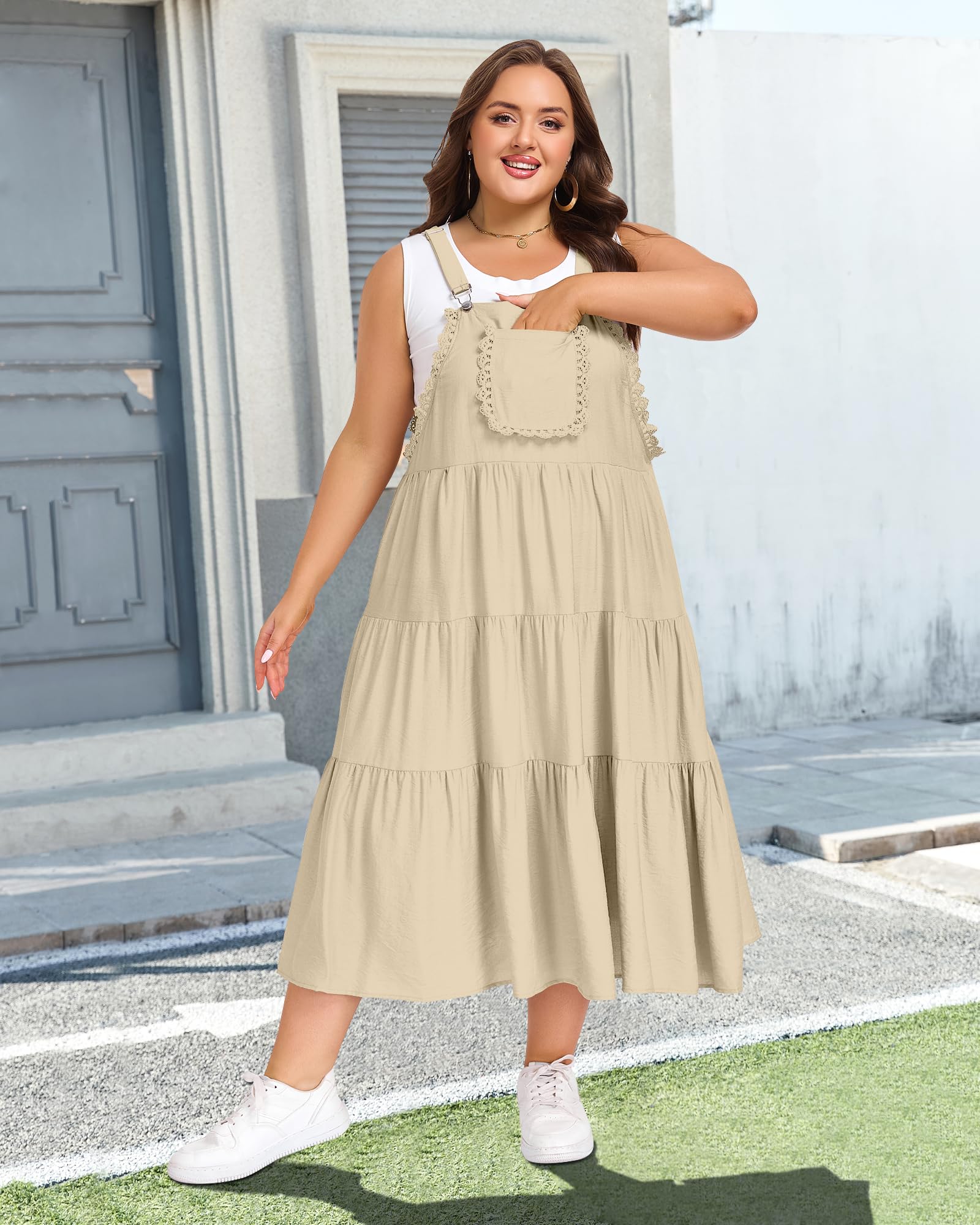 Plus Size Bib Overall Dress with Lace Trim - Khaki-Moon Wood