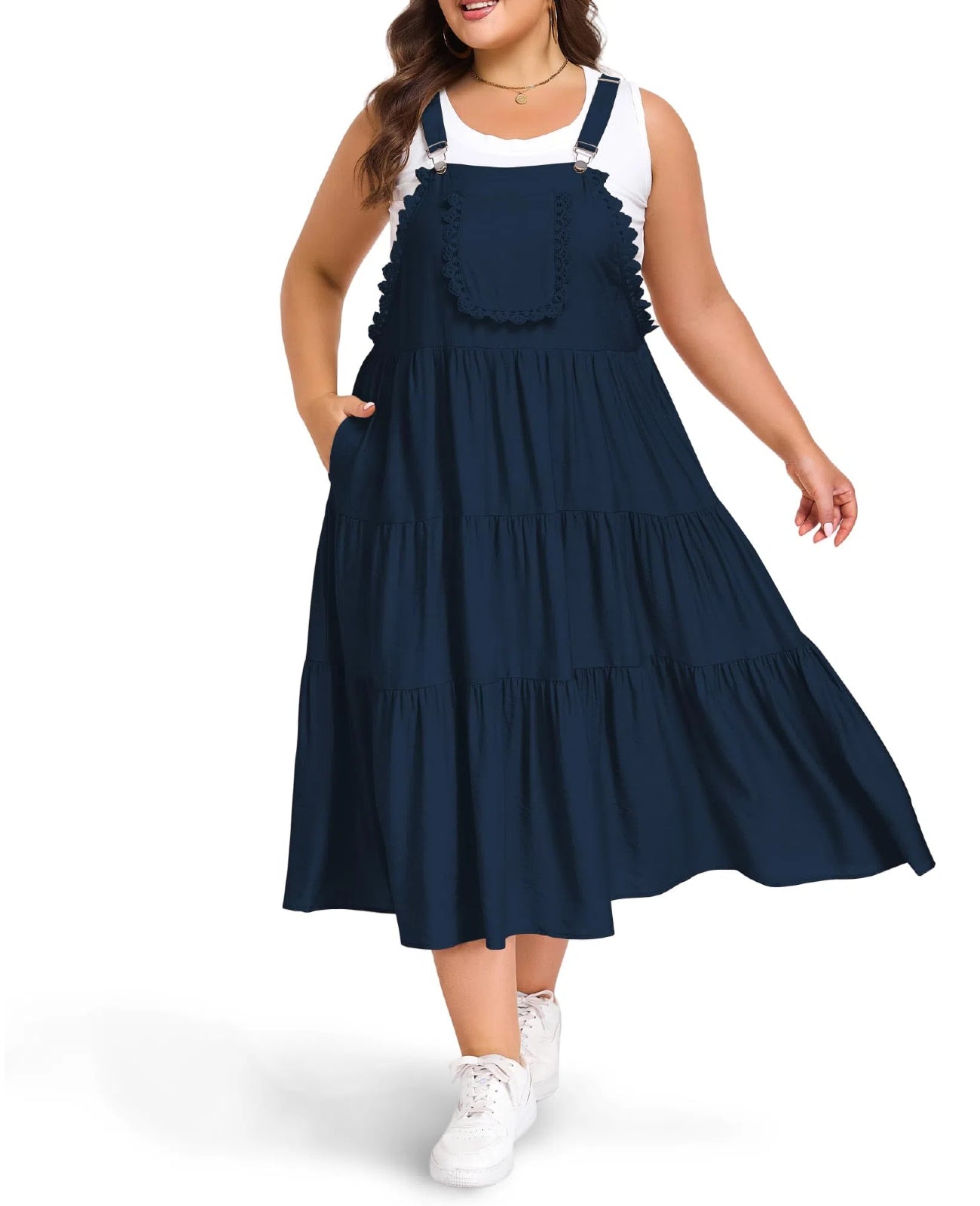 Plus Size Bib Overall Dress with Lace Trim - Navy