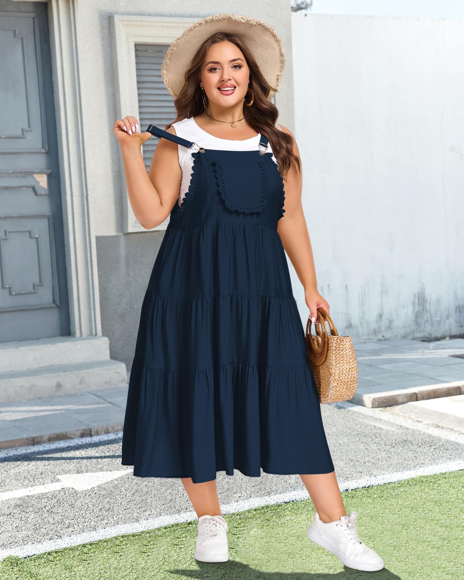Plus Size Bib Overall Dress with Lace Trim - Navy, XL Plus Size Bib Overall Dress with Lace Trim - Navy, XL
