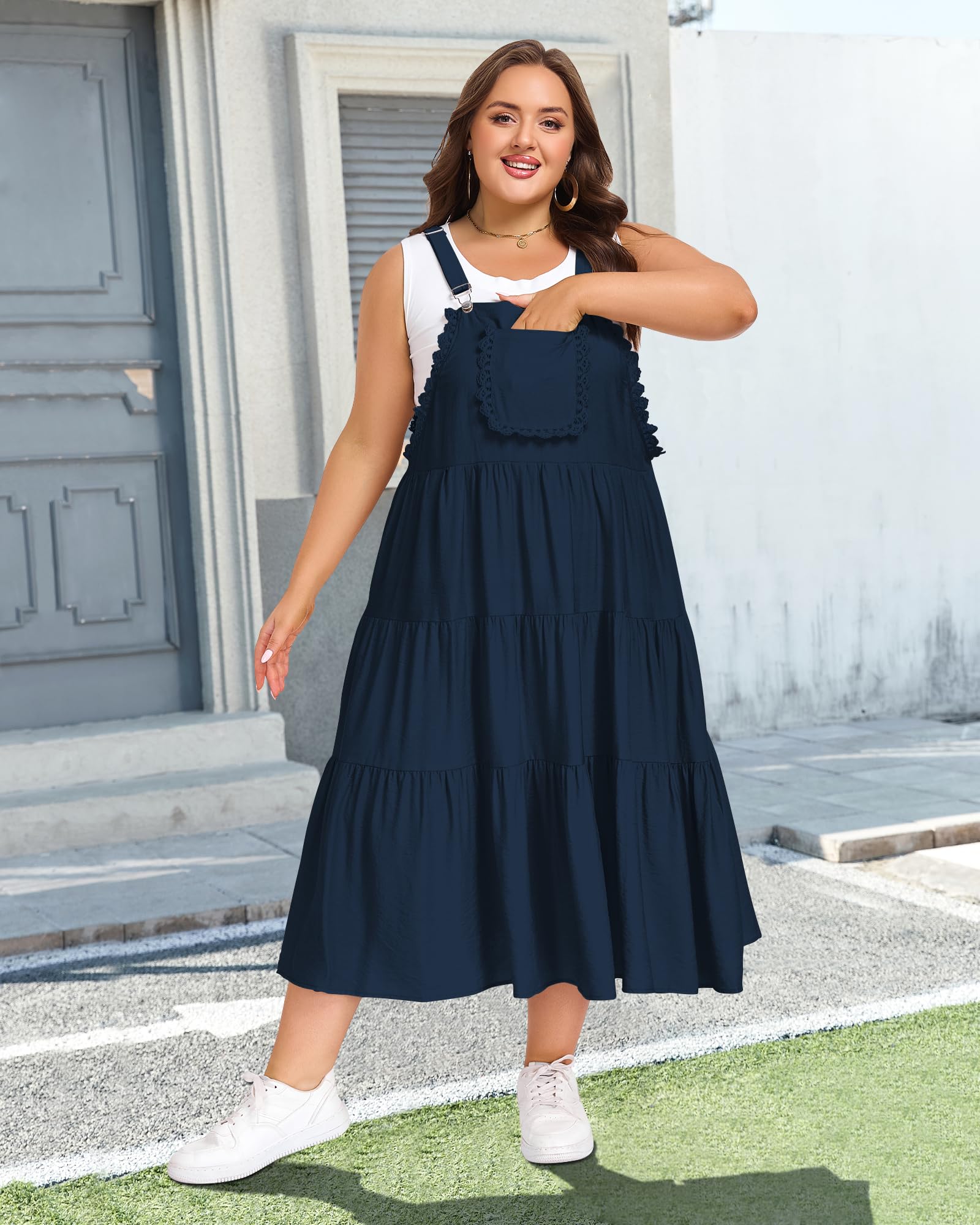 Plus Size Bib Overall Dress with Lace Trim - Navy, XL Plus Size Bib Overall Dress with Lace Trim - Navy, XL