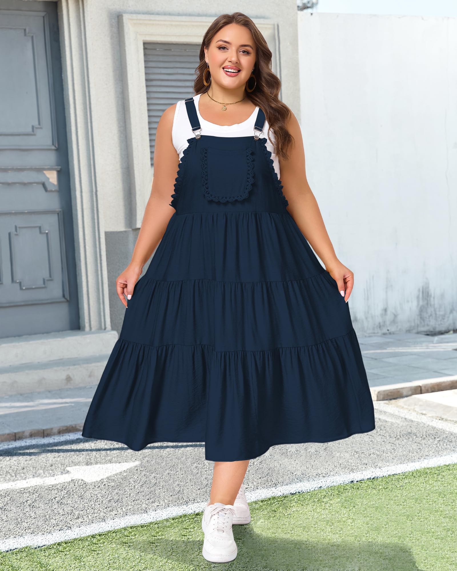 Plus Size Bib Overall Dress with Lace Trim - Navy, XL Plus Size Bib Overall Dress with Lace Trim - Navy, XL