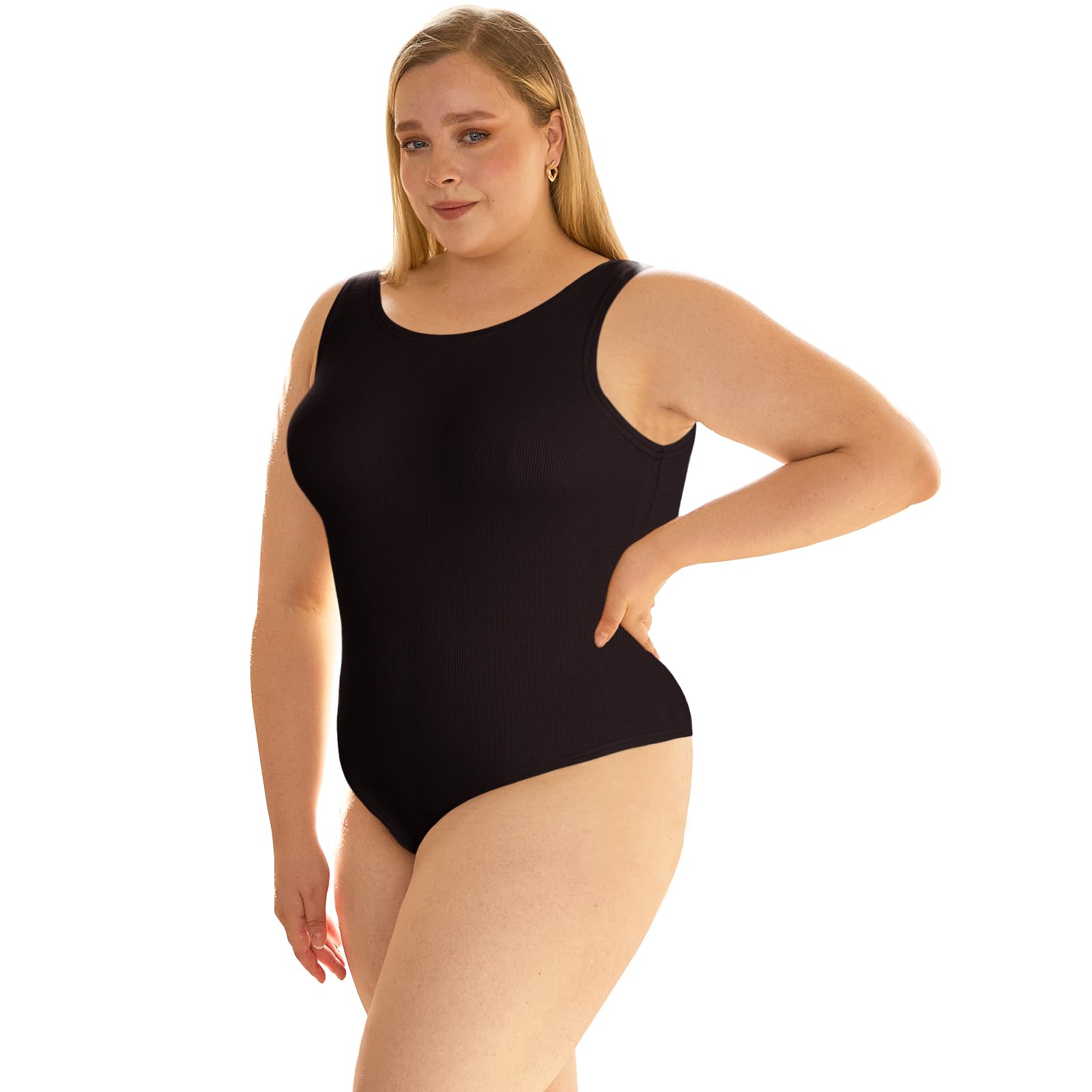 Plus Size Bodysuits for Women Sleeveless Crew Neck-Black - Moon Wood