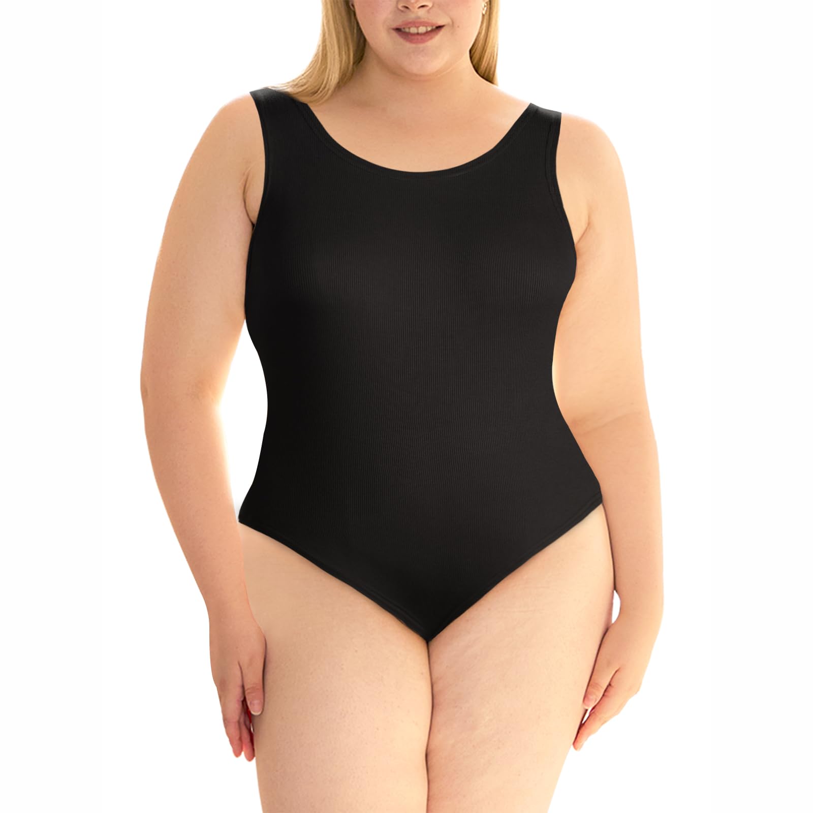 Plus Size Bodysuits for Women Sleeveless Crew Neck-Black - Moon Wood