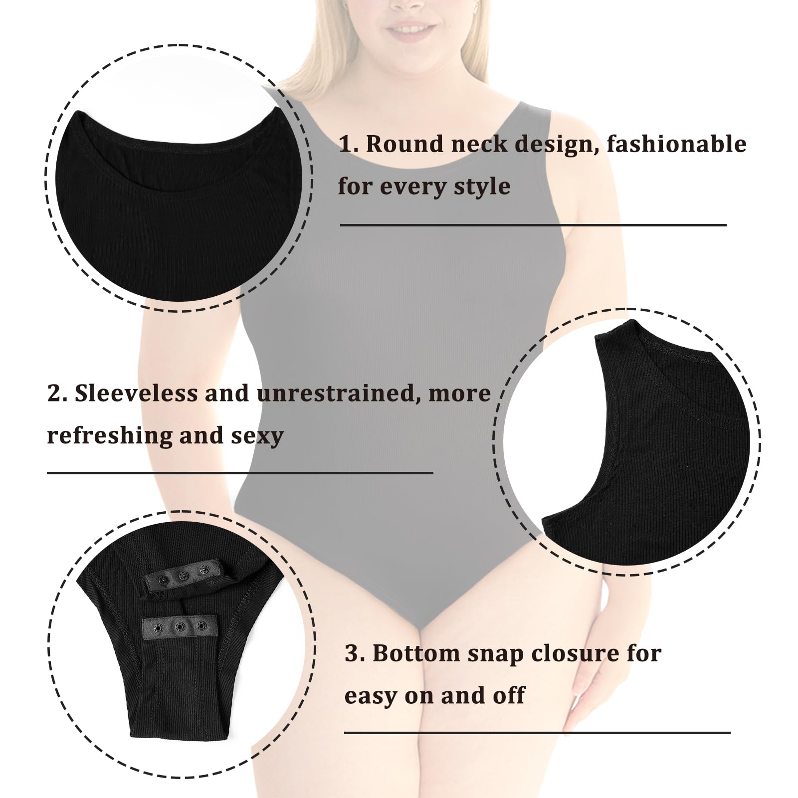 Plus Size Bodysuits for Women Sleeveless Crew Neck-Black - Moon Wood