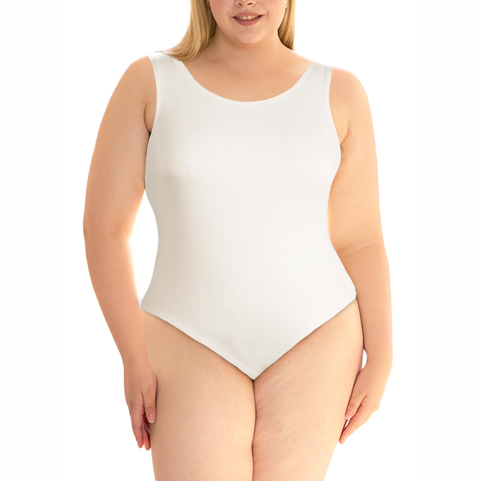 Plus Size Bodysuits for Women Sleeveless Crew Neck-White - Moon Wood