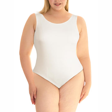 Plus Size Bodysuits for Women Sleeveless Crew Neck-White