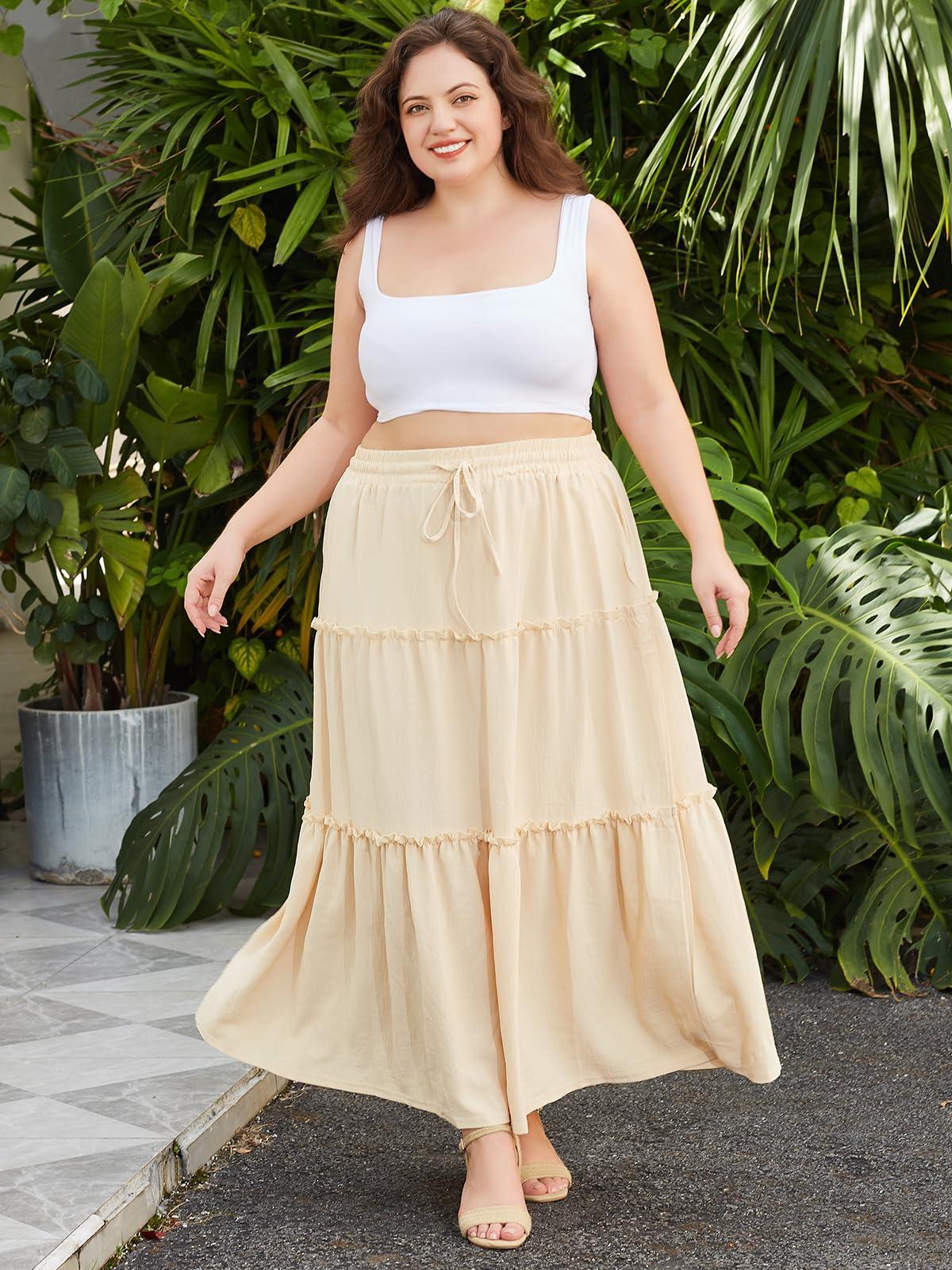 Plus Size Boho Maxi Skirt A Line Flowy Almond