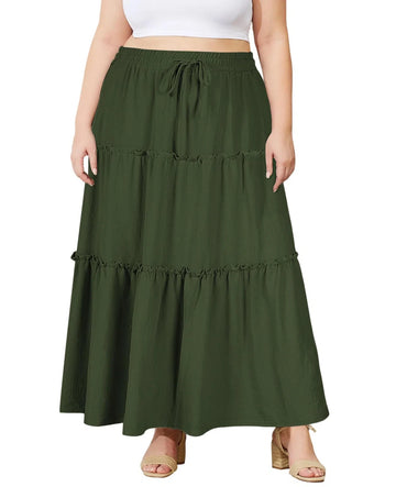 Plus Size Boho Maxi Skirt A Line Flowy - Army Green