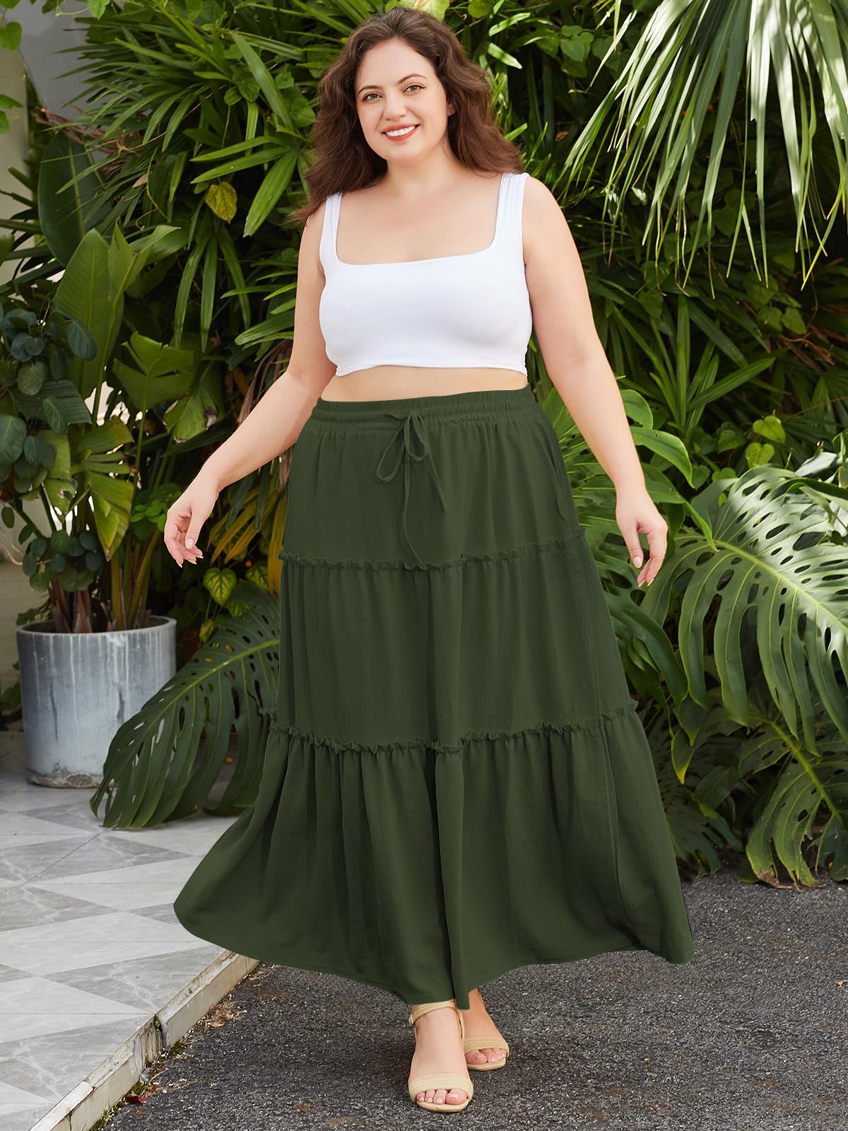 Plus Size Boho Maxi Skirt A Line Flowy - Army Green丨Moon Wood