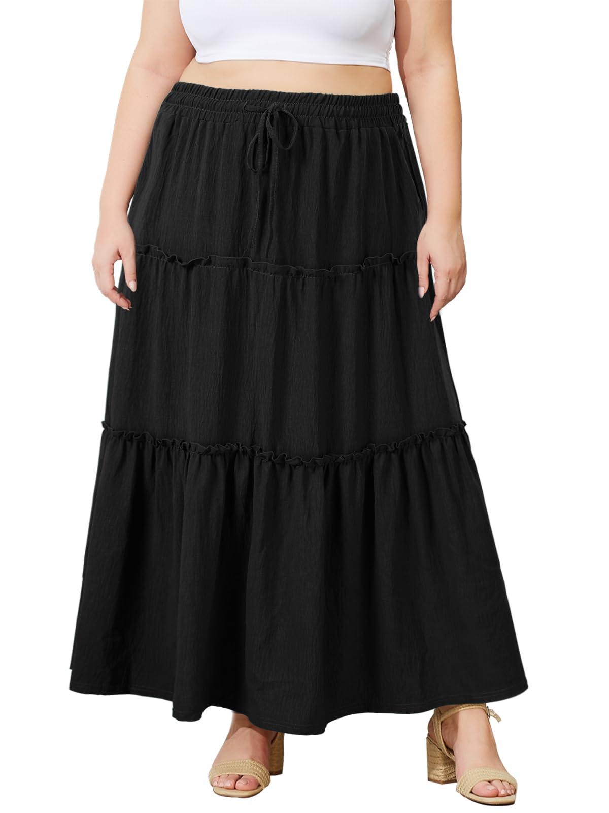 Plus Size Boho Maxi Skirt A Line Flowy - Black-Moon Wood