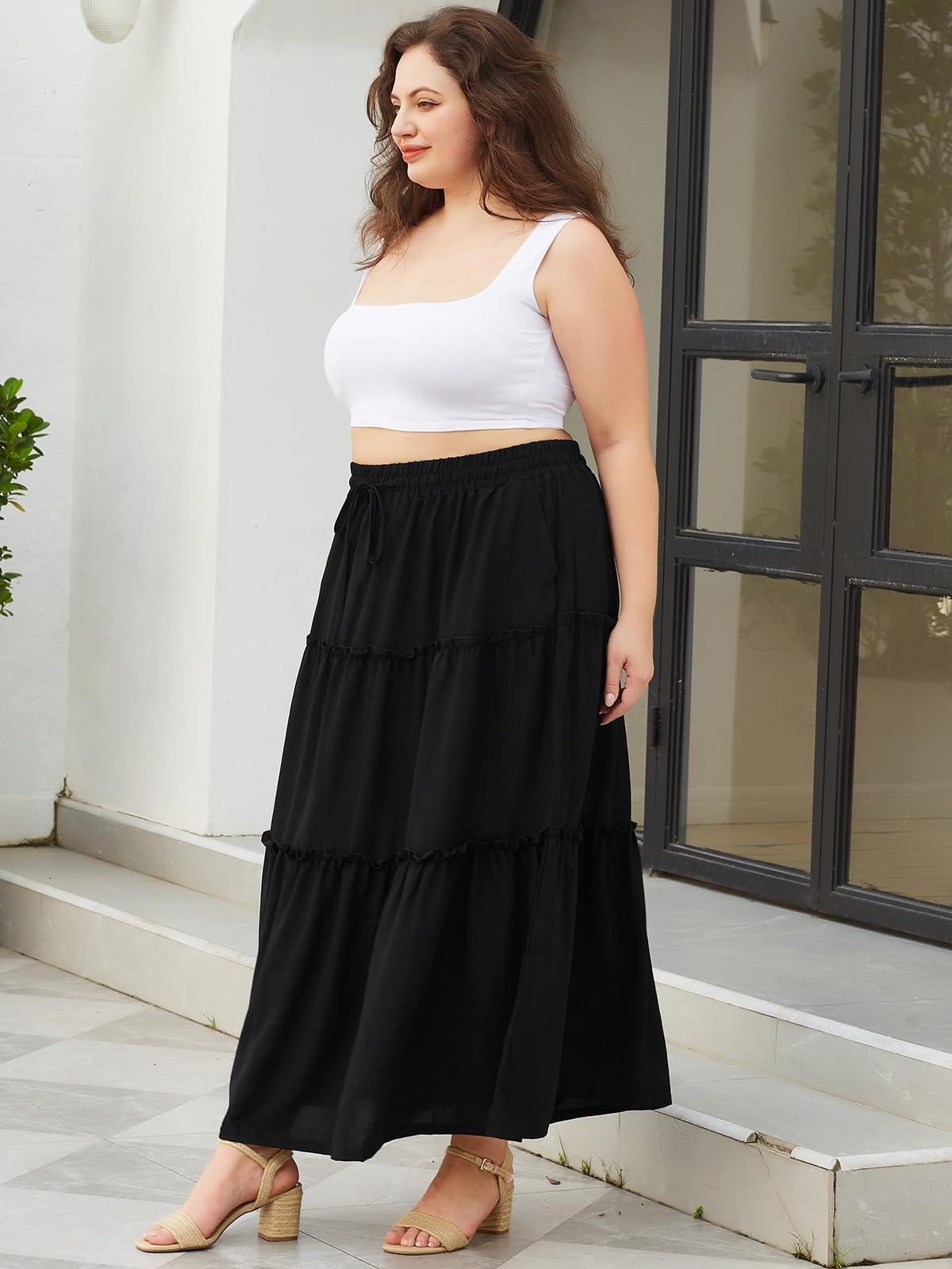 Plus Size Boho Maxi Skirt A Line Flowy - Black-Moon Wood