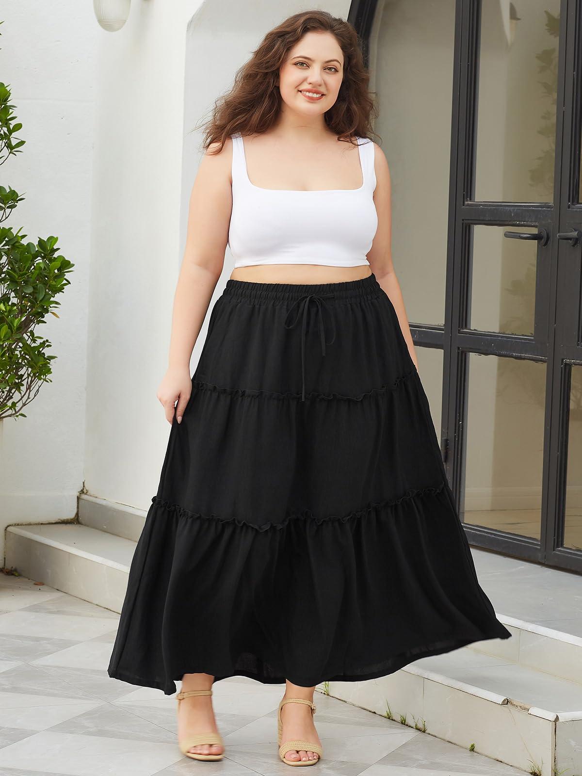 Plus Size Boho Maxi Skirt A Line Flowy - Black-Moon Wood