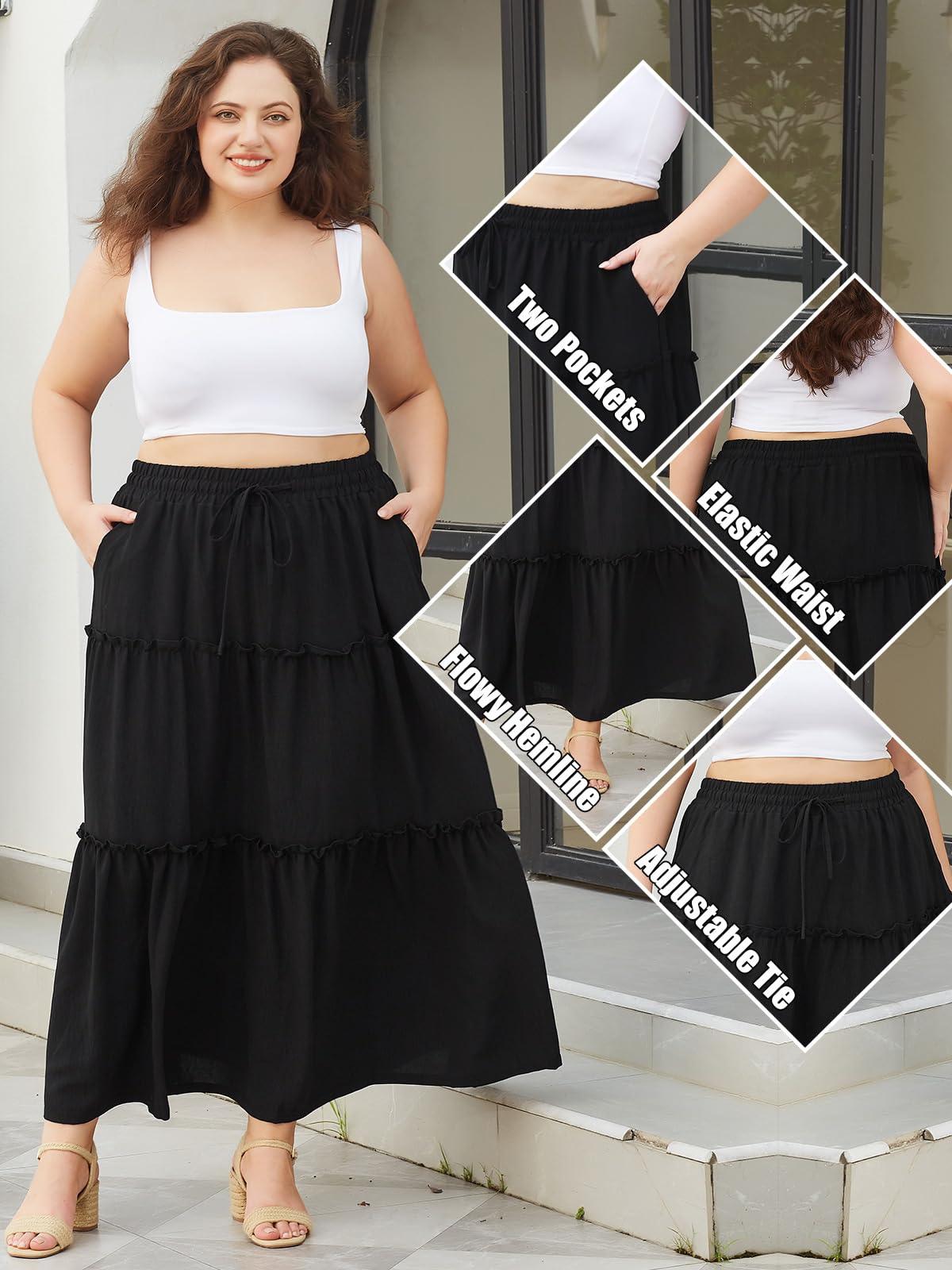 Plus Size Boho Maxi Skirt A Line Flowy - Black-Moon Wood