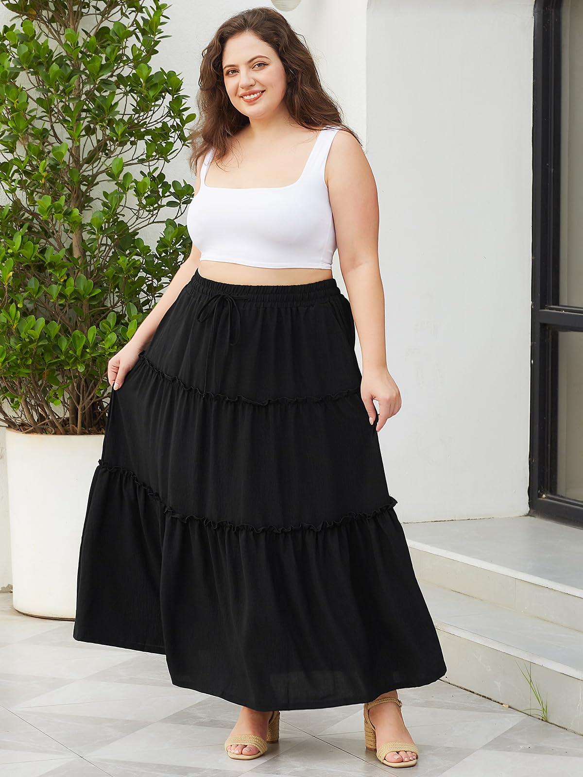 Plus Size Boho Maxi Skirt A Line Flowy - Black-Moon Wood