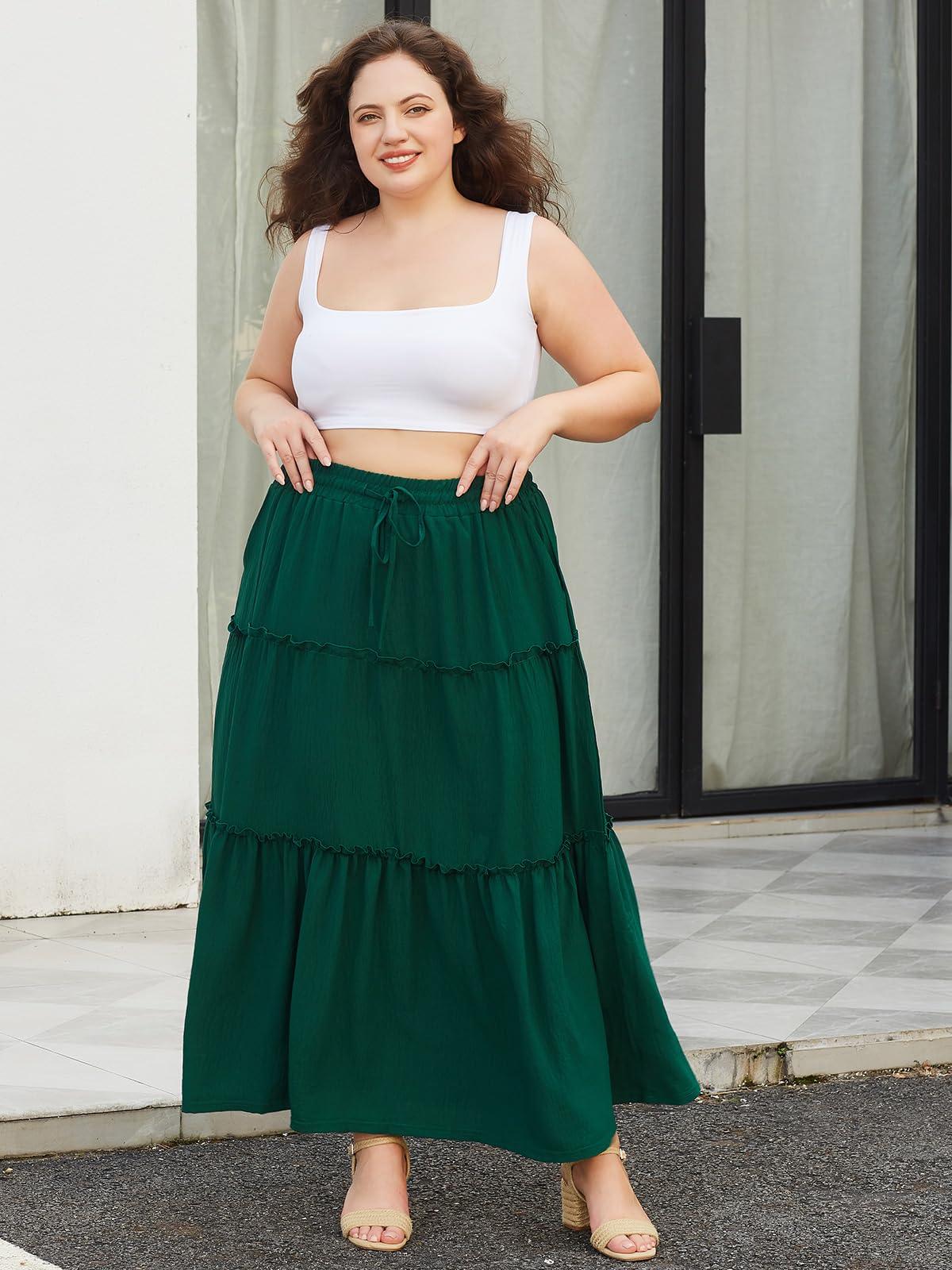 Plus Size Boho Maxi Skirt A Line Flowy - Green-Moon Wood