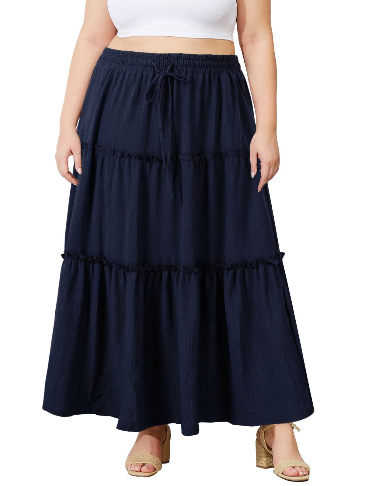 Plus Size Boho Maxi Skirt A Line Flowy - Navy Blue-Moon Wood