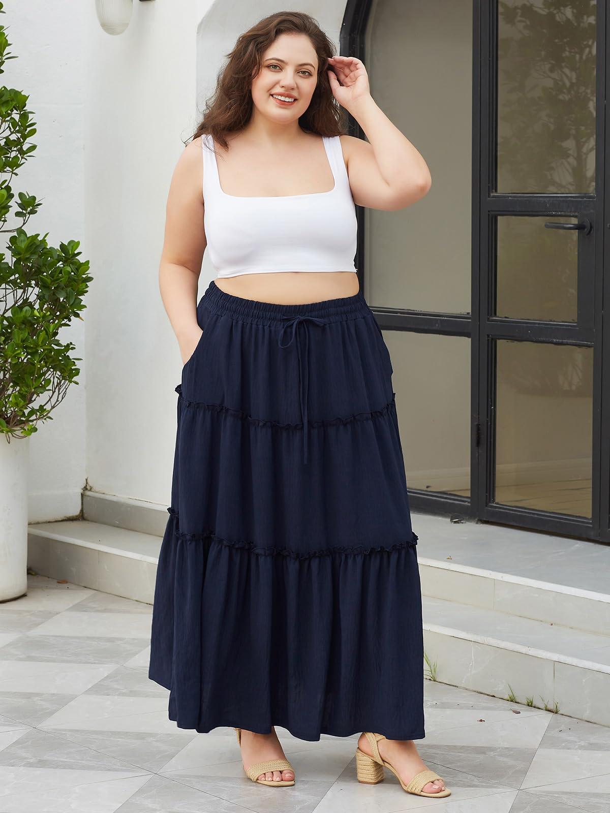 Plus Size Boho Maxi Skirt A Line Flowy - Navy Blue-Moon Wood