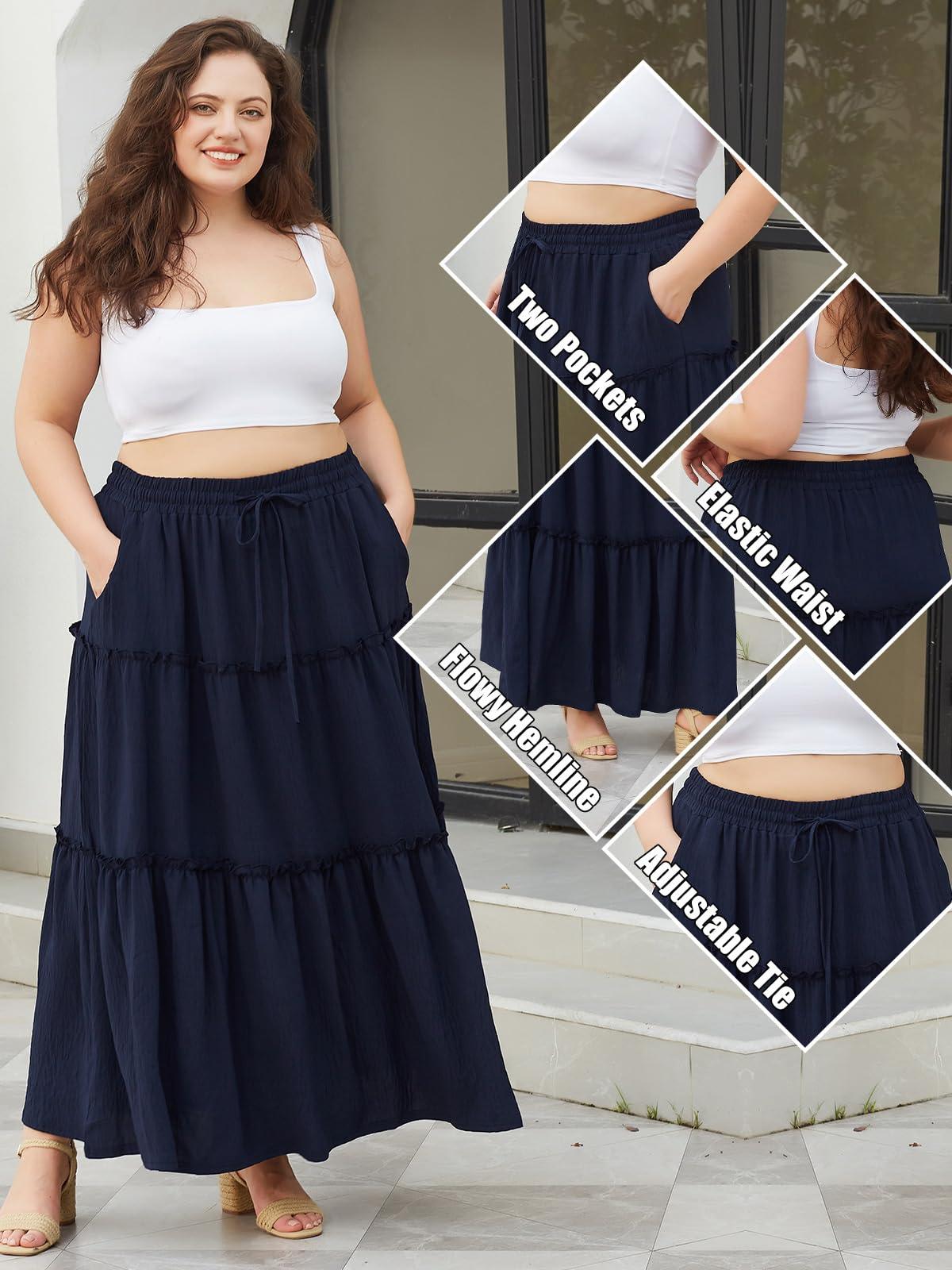 Plus Size Boho Maxi Skirt A Line Flowy - Navy Blue-Moon Wood