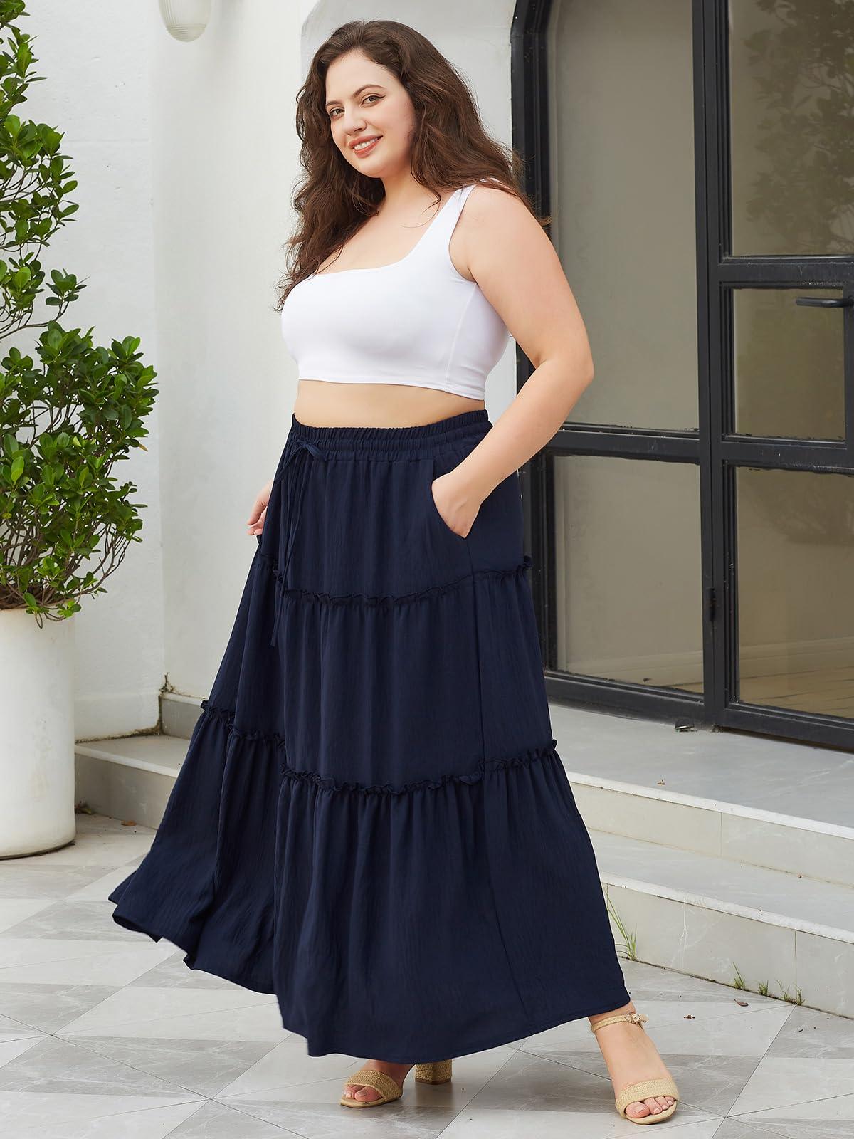 Plus Size Boho Maxi Skirt A Line Flowy - Navy Blue-Moon Wood