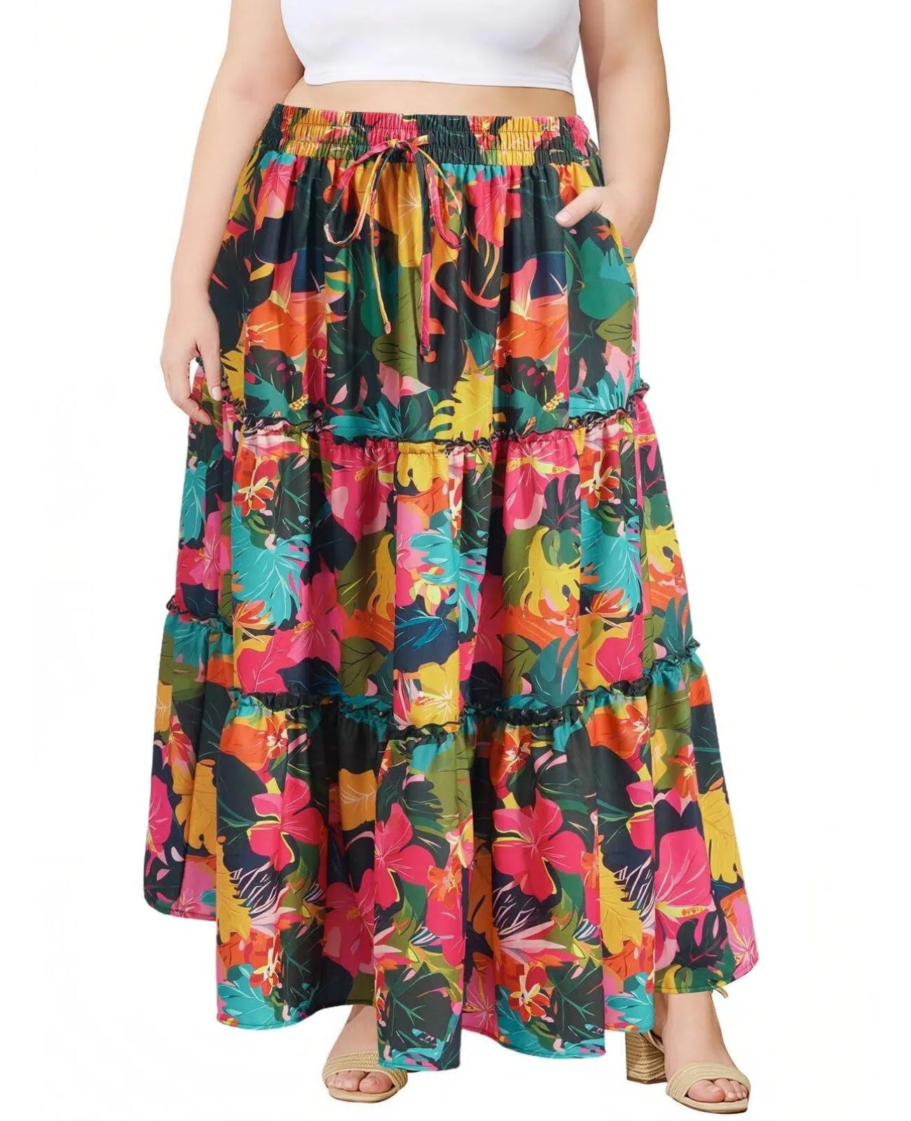 Plus Size Boho Maxi Skirt A Line Flowy - Tropical Floral 丨Moon Wood