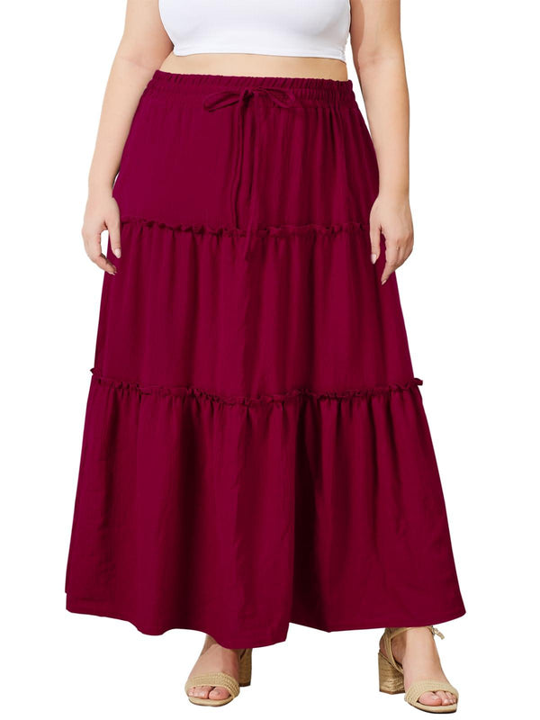 Plus Size Boho Maxi Skirt A Line Flowy - Wine Red-Moon Wood