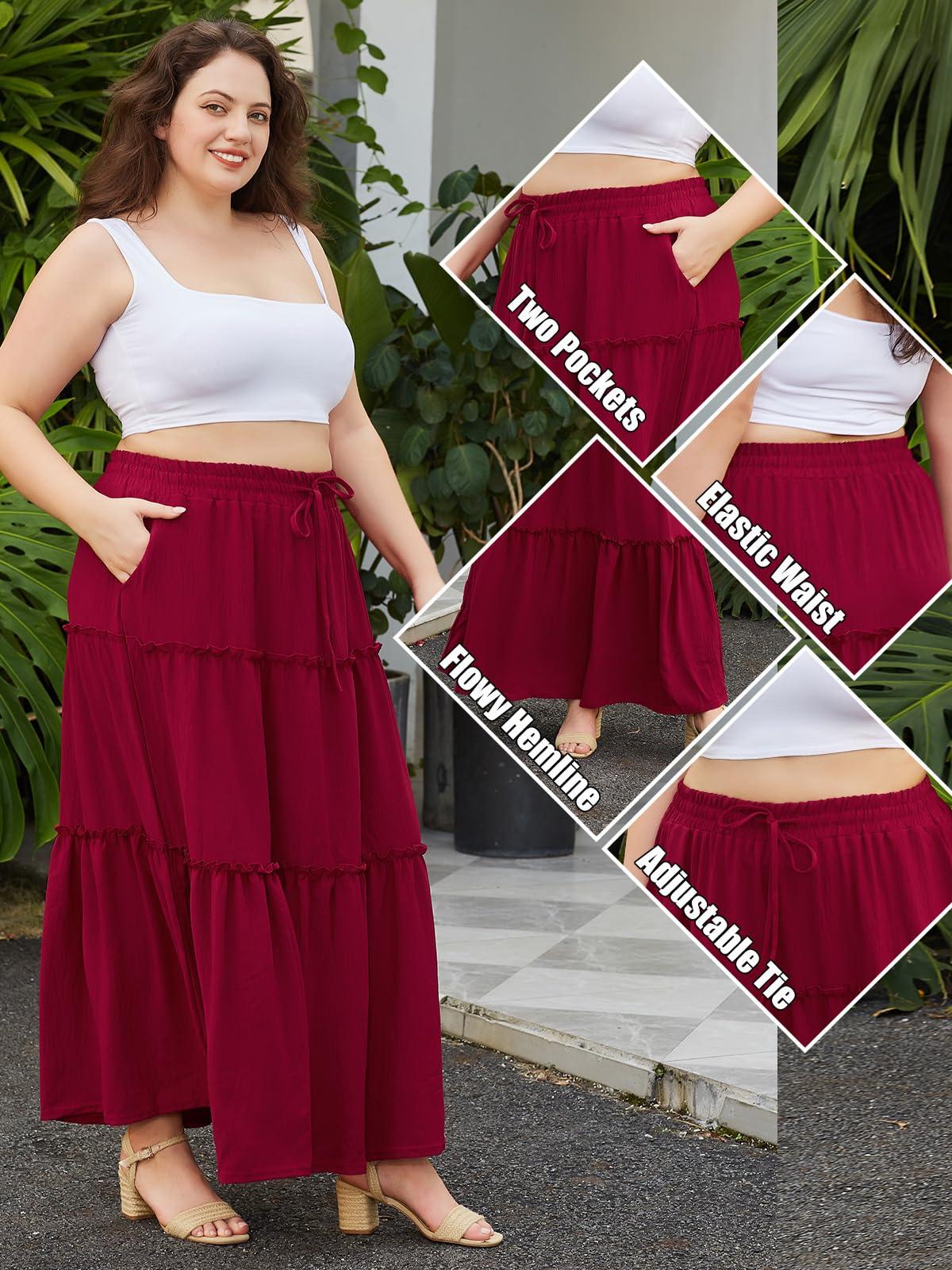 Plus Size Boho Maxi Skirt A Line Flowy - Wine Red-Moon Wood