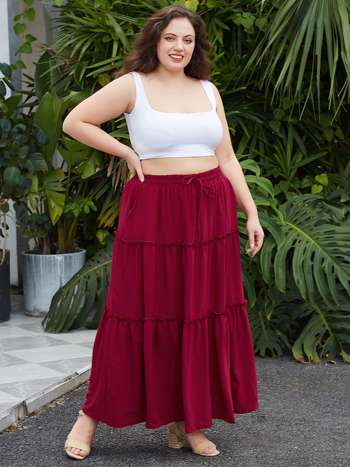 Plus Size Boho Maxi Skirt A Line Flowy - Wine Red-Moon Wood