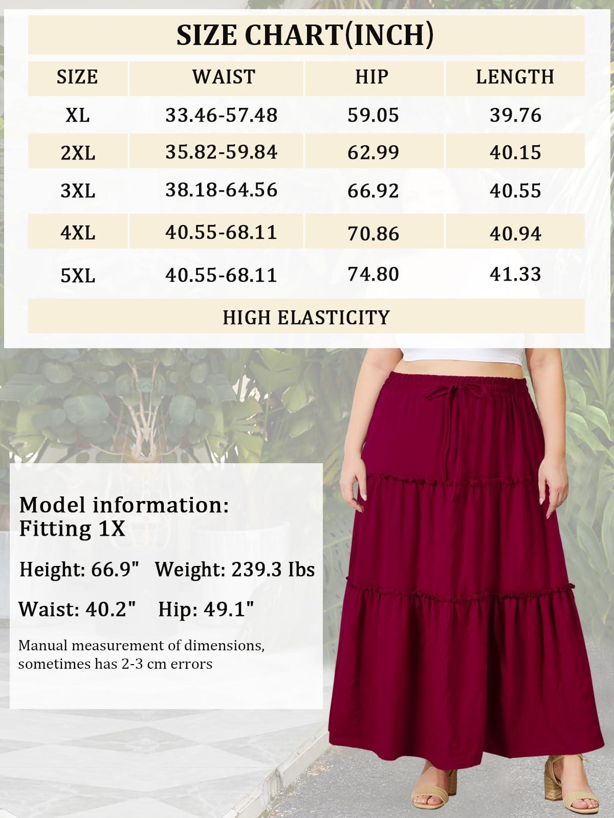 Plus Size Boho Maxi Skirt A Line Flowy Wine Red