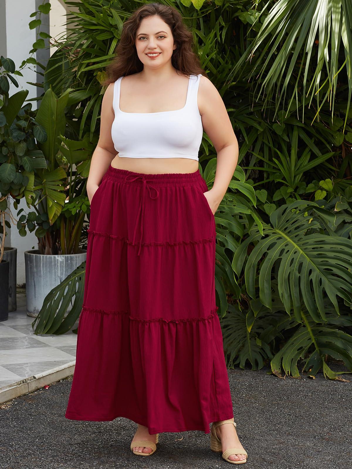 Plus Size Boho Maxi Skirt A Line Flowy - Wine Red-Moon Wood