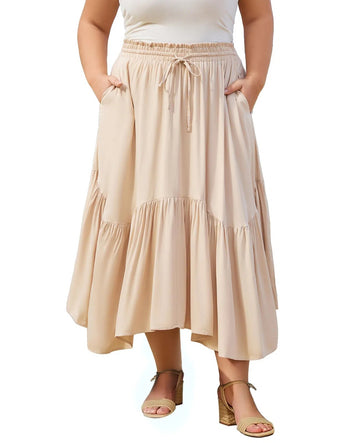 Plus Size Boho Maxi Skirt Tiered-Beige