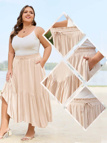 Plus Size Boho Maxi Skirt Tiered-Beige