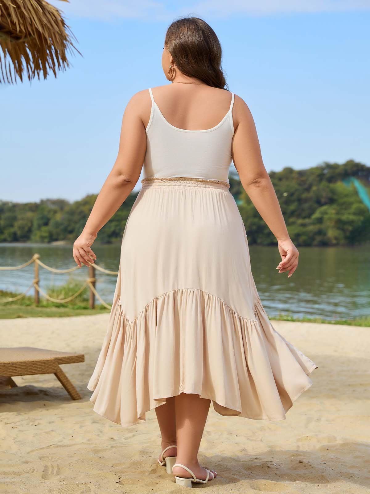 Plus Size Boho Maxi Skirt Tiered-Beige | Moon Wood Plus Size Boho Maxi Skirt Tiered-Beige | Moon Wood