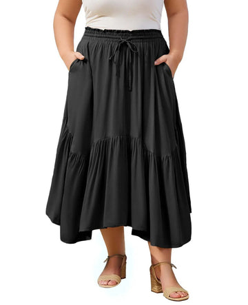 Plus Size Boho Maxi Skirt Tiered-Black