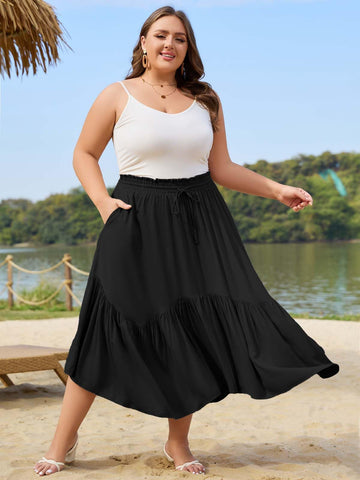 Plus Size Boho Maxi Skirt Tiered-Black