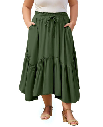 Plus Size Boho Maxi Skirt Tiered-Green