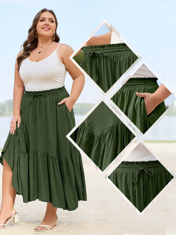 Plus Size Boho Maxi Skirt Tiered-Green